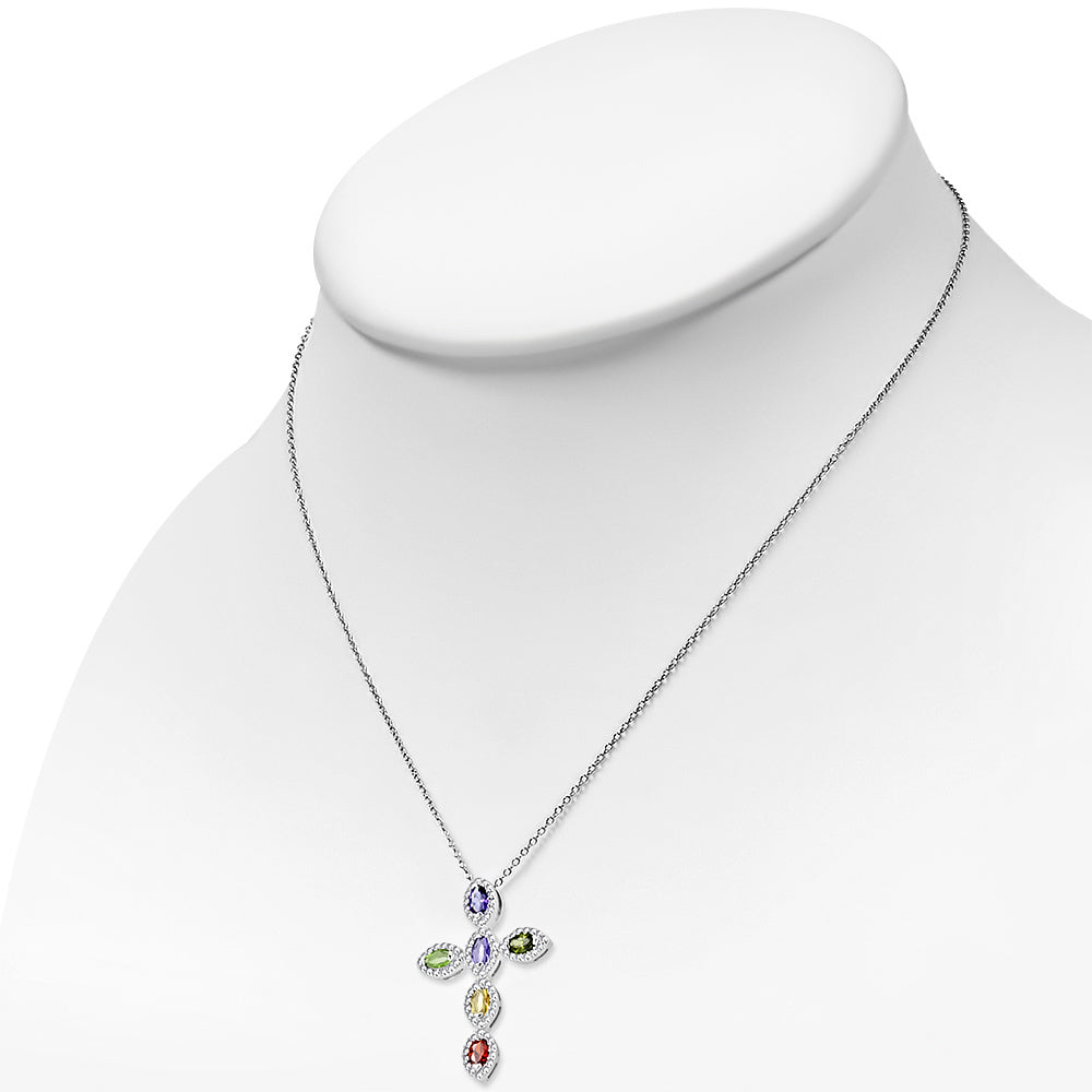 925 Sterling Silver Multicolor CZ Religious Cross Large Statement Pendant Necklace