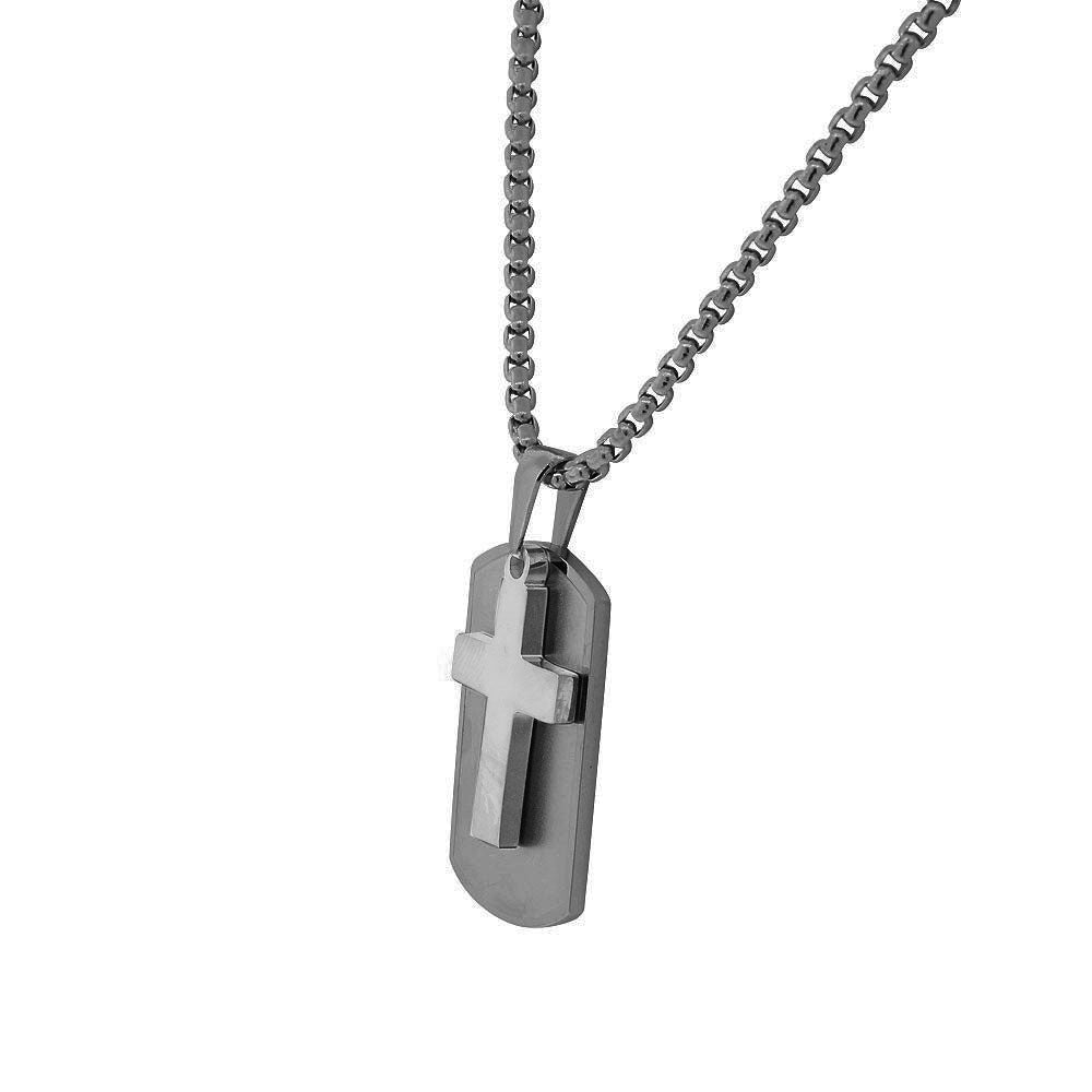 Stainless Steel Black Silver-Tone Dog Tag Mens Religious Cross Pendant Necklace