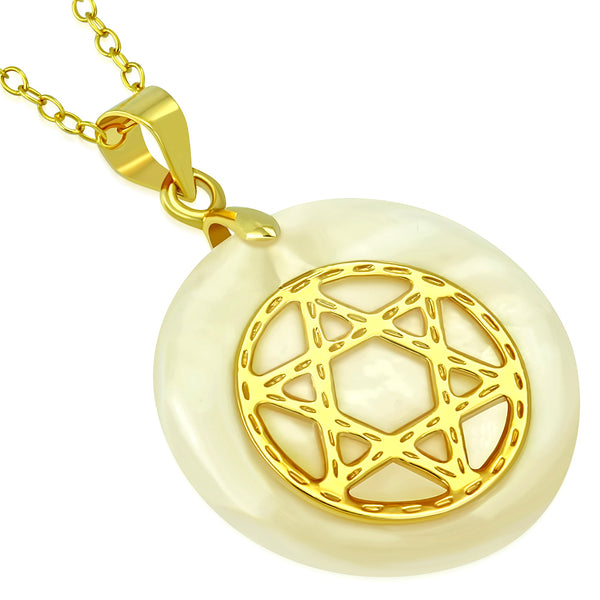 925 Sterling Silver Yellow Gold-Tone Simulated Mother-of-Pearl Star of David Pendant Necklace