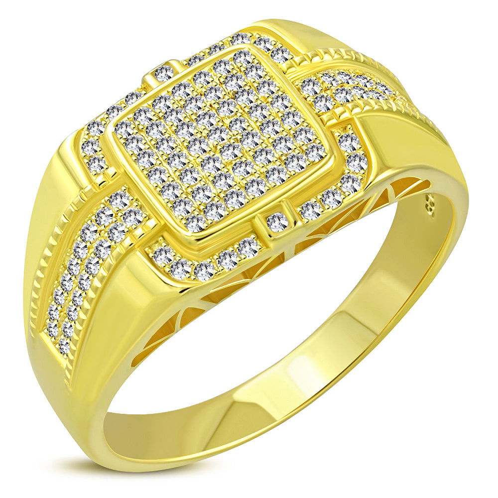 My Daily Styles 925 Sterling Silver Men's Yellow Gold-Tone Micro Pave White CZ Stone Signet Style Ring with Band Detail