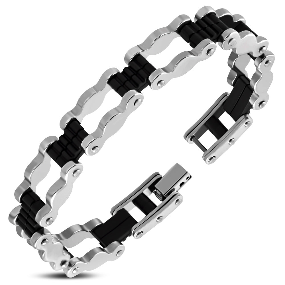 My Daily Styles Stainless Steel Black Silver-Tone Two-Tone Mens Link Chain Bracelet, 8"