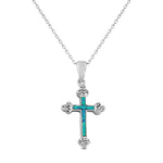 925 Sterling Silver Religious Cross Blue Turquoise-Tone Simulated Opal Pendant Necklace