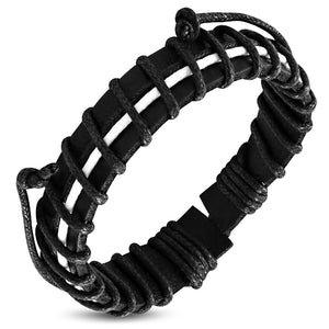 Black White Leather Mens Wristband Wrap Braided Adjustable Bracelet