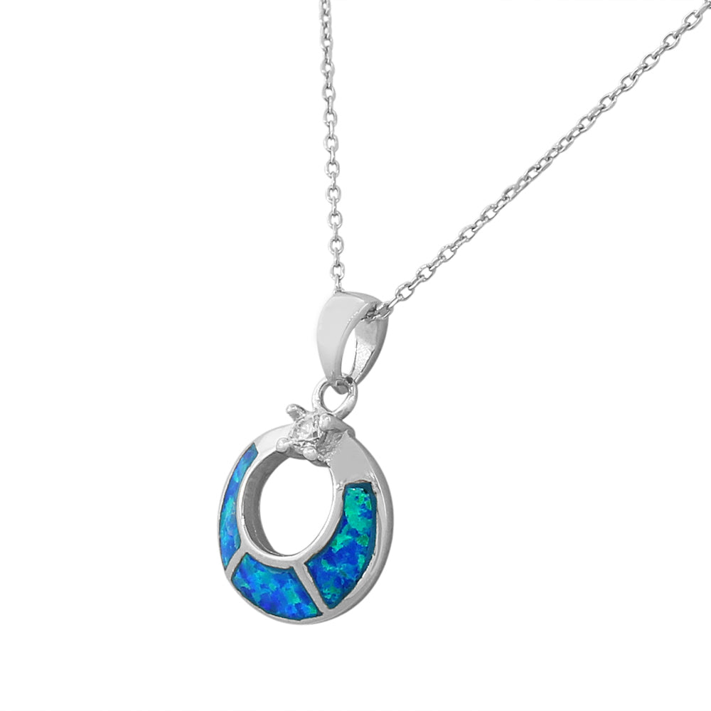 925 Sterling Silver CZ Simulated Opal Circle Pendant