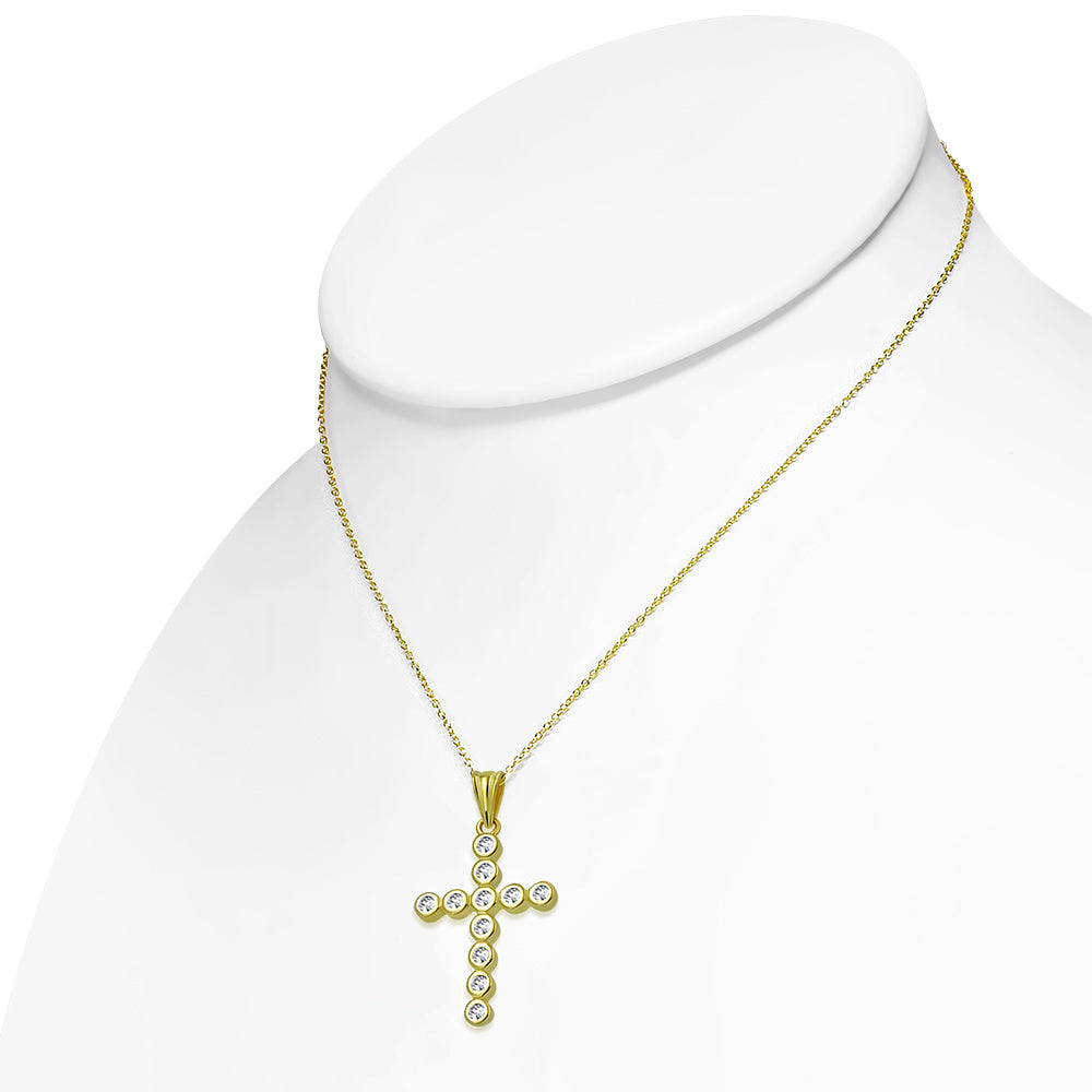 925 Sterling Silver White Clear Bezel-Set CZ Religious Cross Pendant Necklace, 18"