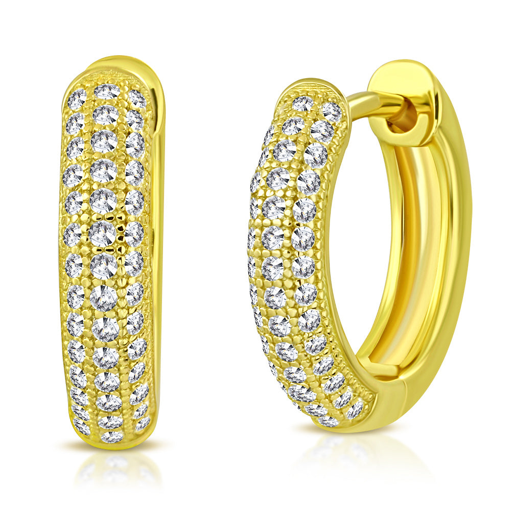 925 Sterling Silver Yellow Gold-Tone White Clear CZ Hoop Huggie Earrings