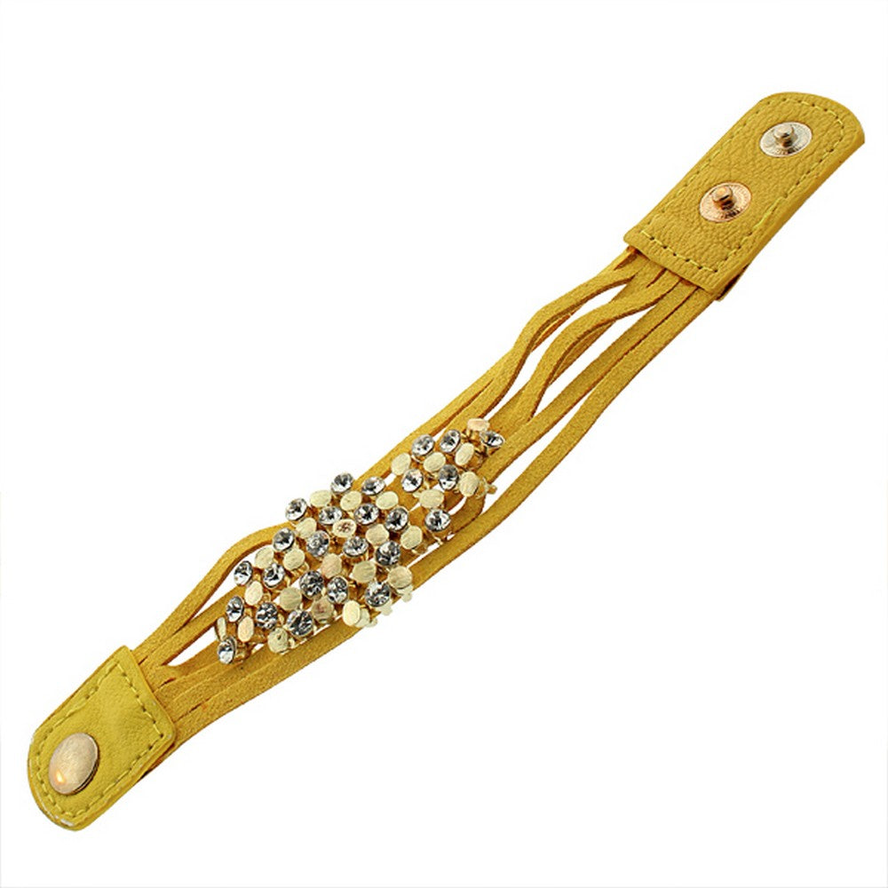 Faux Orange Suede Leather Yellow Gold-Tone White CZ Wristband Wrap Bracelet