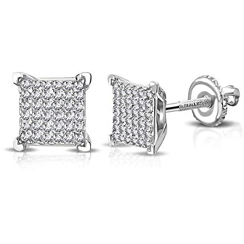 Sterling Silver Yellow Gold-Tone Square White Clear CZ Screw Back Stud Royal Men's Earrings, 0.30"