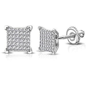 925 Sterling Silver Square White Clear CZ Screw Back Stud Earrings, 0.30"
