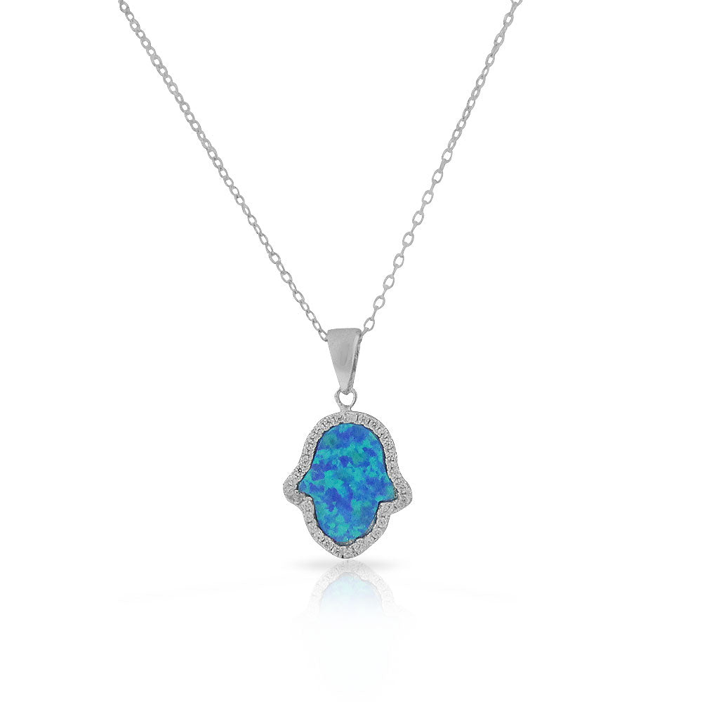 Sterling Silver Green Blue Simulated Opal CZ Hamsa Good Luck Pendant Necklace