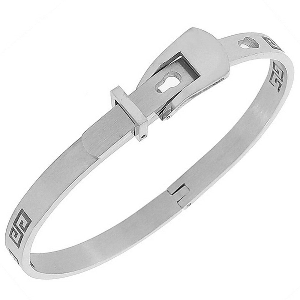 Stainless Steel Silver-Tone Greek Key Belt Buckle Bangle Bracelet