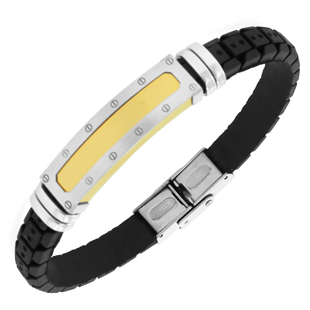 Stainless Steel Black Rubber Silicone Yellow Gold Silver-Tone Men's Bracelet