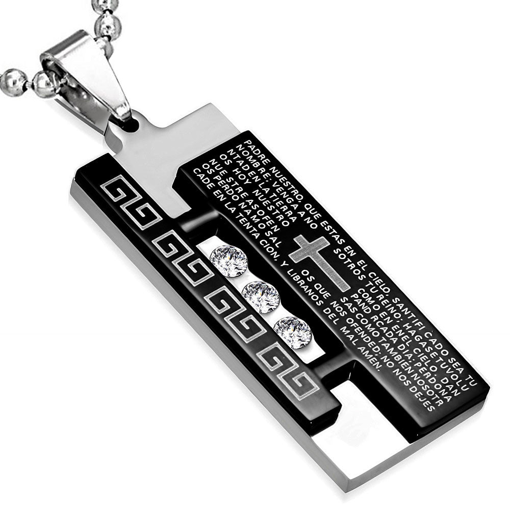 Stainless Steel Black Silver-Tone Padre Nuestro Prayer Spanish Religious Cross Pendant Necklace