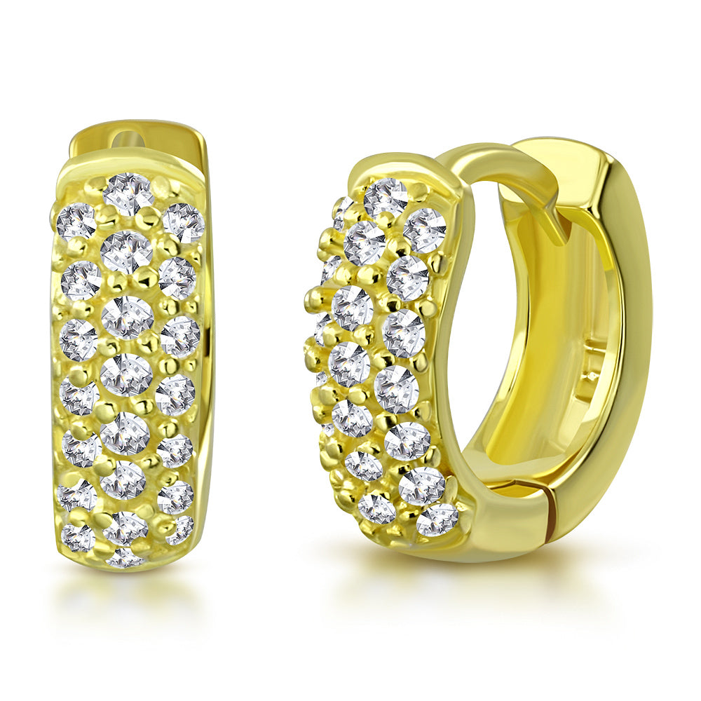 925 Sterling Silver Yellow Gold-Tone Clear CZ Hoop Huggie Earrings
