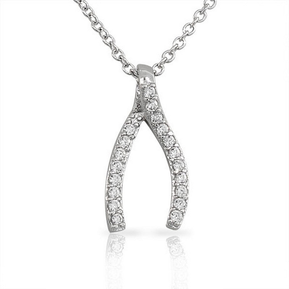 925 Sterling Silver Classic White CZ Wishbone Womens Girls Pendant Necklace
