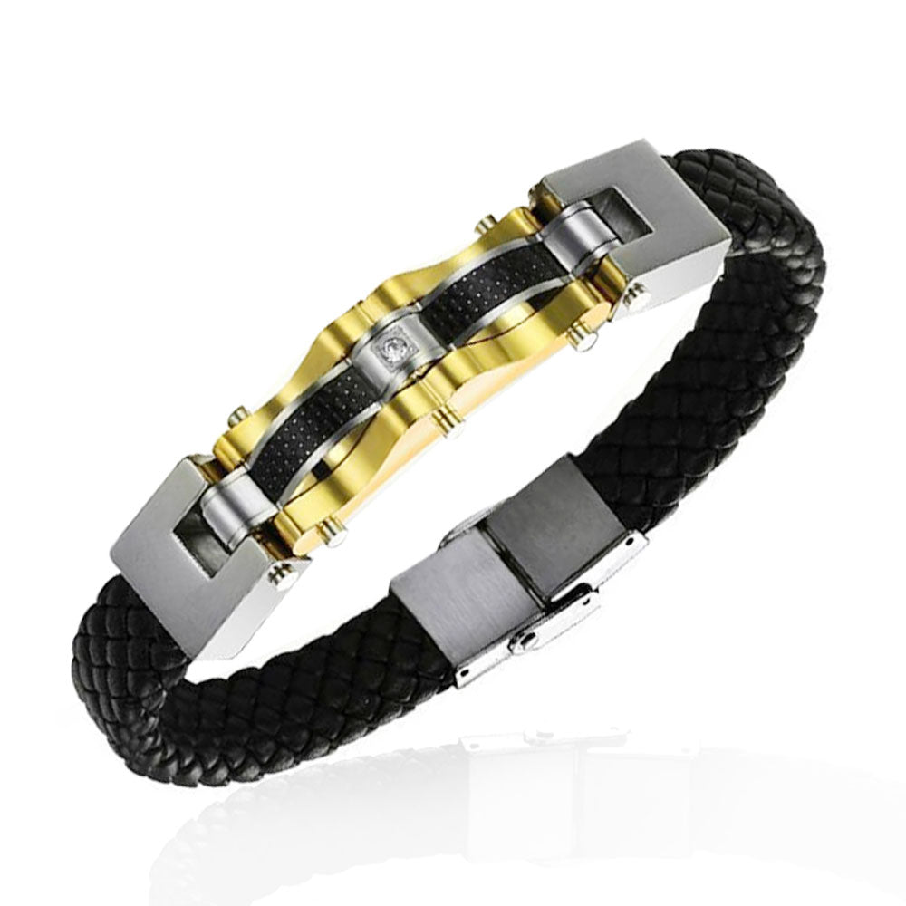 Stainless Steel Black Leather Two-Tone Mens Bracelet