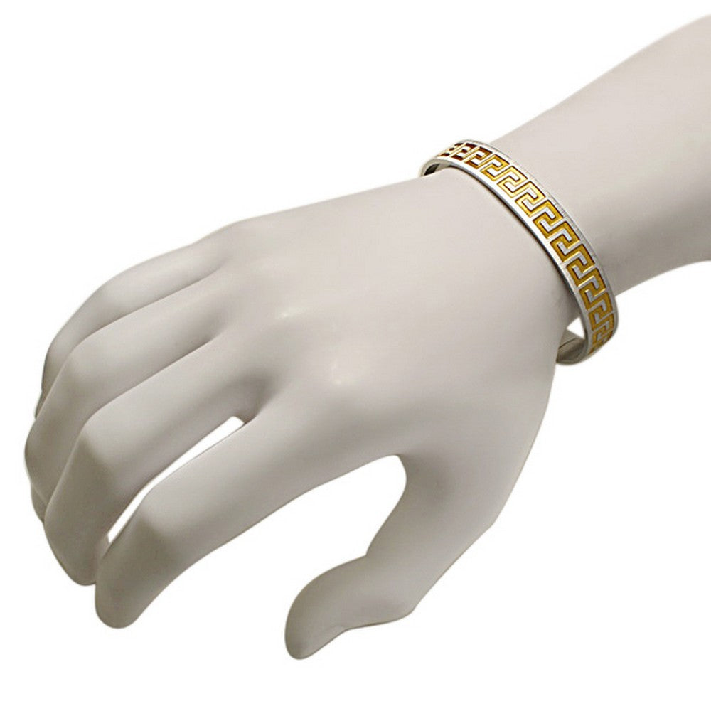 Stainless Steel Two-Tone Greek Key Men's Open End Bracelet