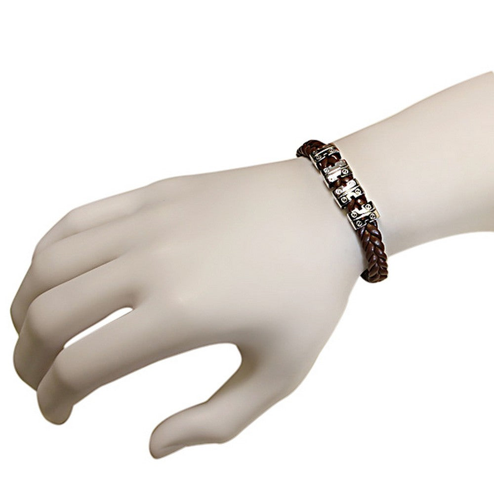 Stainless Steel Light Brown Faux PU Leather Braided Silver-Tone Men's Bracelet