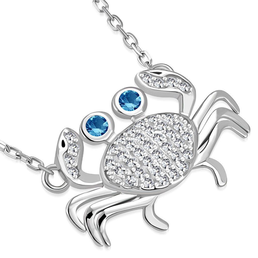 925 Sterling Silver White Clear Blue CZ Crab Pendant Necklace