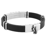 Stainless Steel Black Rubber Silicone Silver-Tone Black CZ Mens Bracelet