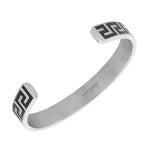Stainless Steel Silver-Tone Black Greek Key Open End Bangle Bracelet, 7"