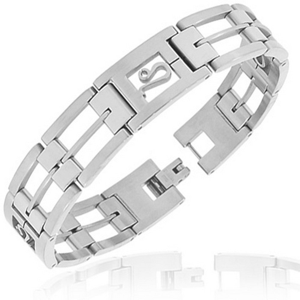 Stainless Steel Silver-Tone Link Chain Zodiac Sign Leo Mens Bracelet