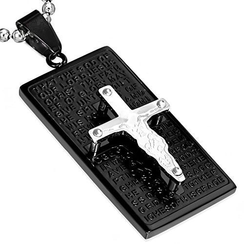 Stainless Steel Black Silver-Tone Cross Prayer English Mens Pendant Necklace