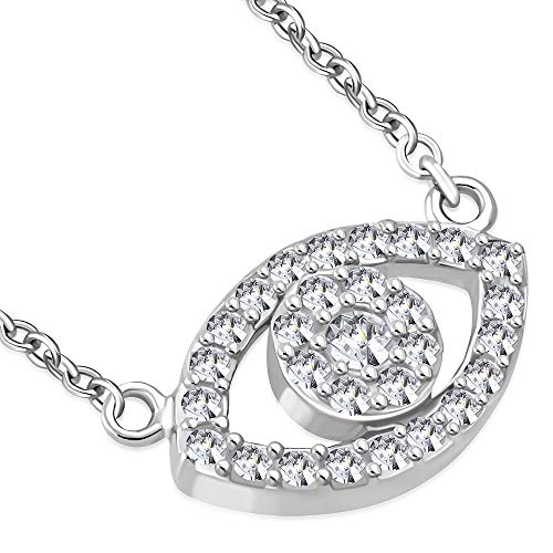 925 Sterling Silver White CZ Womens Evil Eye Hamsa Pendant Necklace