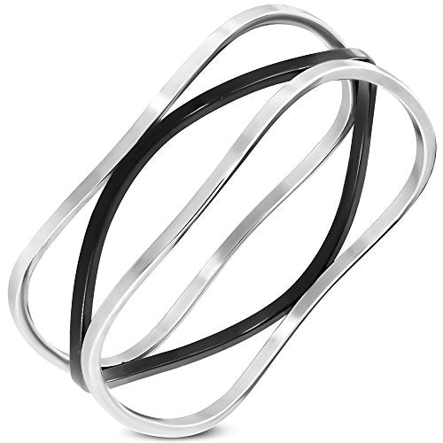 Stainless Steel Silver-Tone Black Yellow Gold-Tone Statement Bangle Bracelet