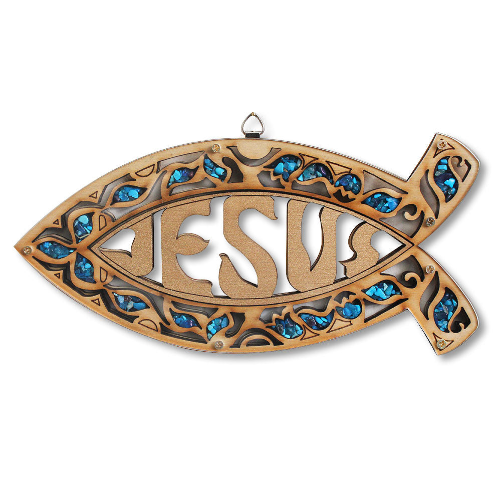 Wooden Christianity Jesus Ichthys Fish Wall Decor with Simulated Gemstones - Made in Israel