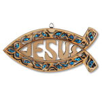 Wooden Christianity Jesus Ichthys Fish Wall Decor with Simulated Gemstones - Made in Israel