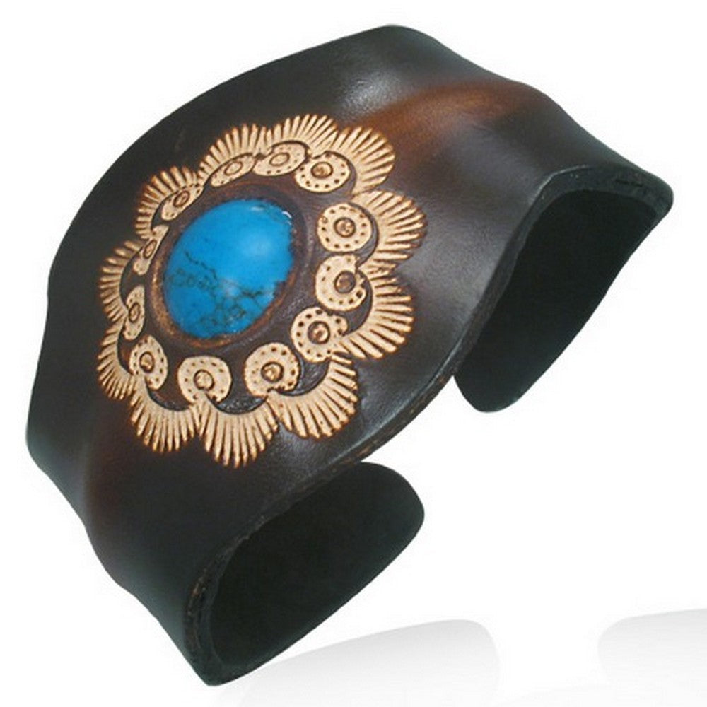 Large Wide Engraved Adjustable Brown Leather Simulated Turquoise Bracelet Band