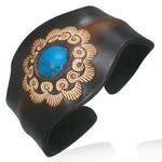Large Wide Engraved Adjustable Brown Leather Simulated Turquoise Bracelet Band