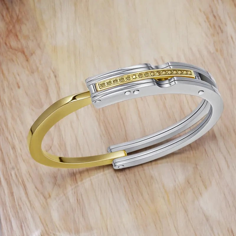 His and Hers Matching Stainless Steel Cuff Bracelets – Couples Love Bangle Set with CZ Stones