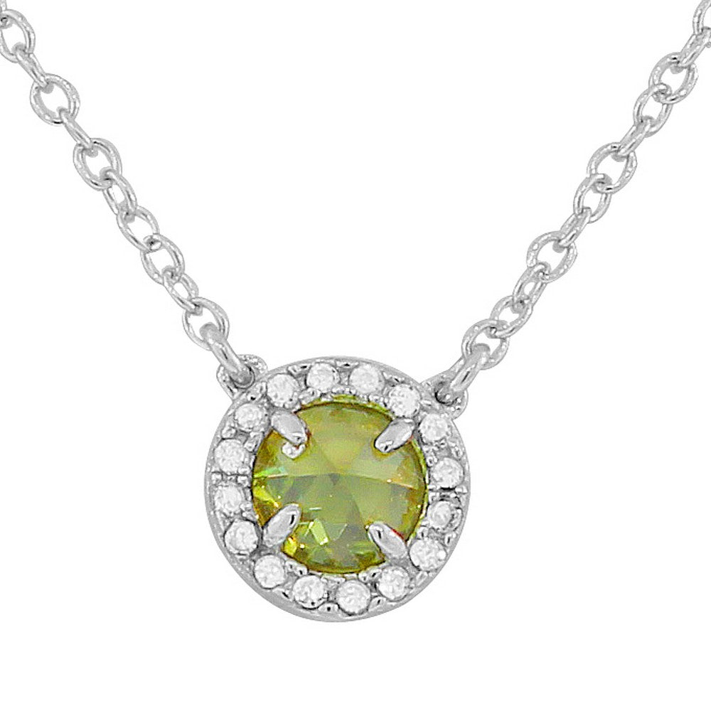 925 Sterling Silver Small Solitaire Green White CZ Pendant Necklace