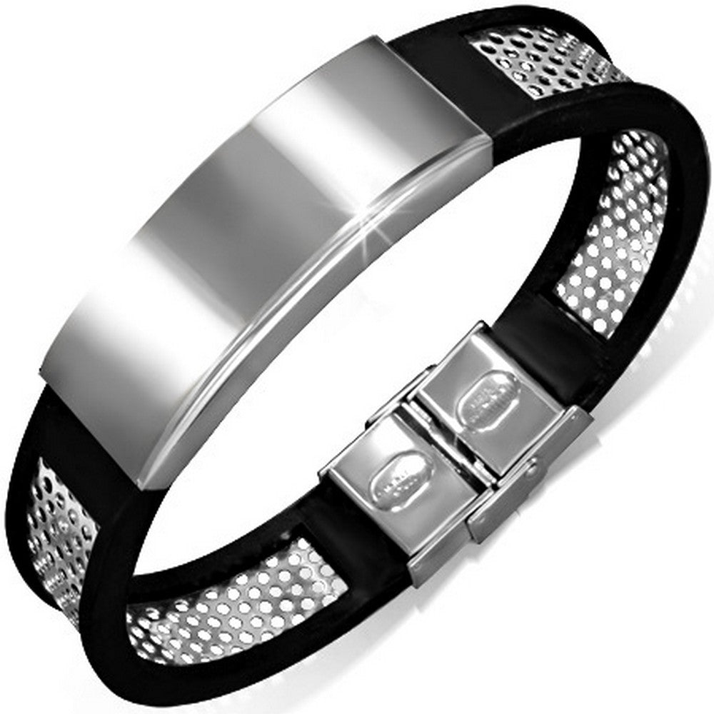 Stainless Steel Black Rubber Silicone Silver-Tone Mens Bracelet
