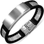 Stainless Steel Black Rubber Silicone Silver-Tone Mens Bracelet