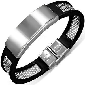 Stainless Steel Black Rubber Silicone Silver-Tone Mens Bracelet