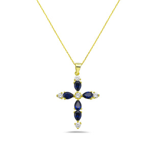 My Daily Styles 925 Sterling Silver Cross with Created Sapphire and CZ Stones Pendant Necklace- Adjustable Chain 16"-18"