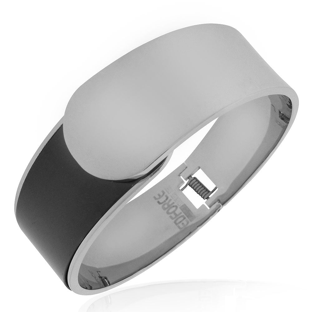 Stainless Steel Silver-Tone Black Large Statement Bracelet Bangle