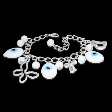 Fashion Alloy White Evil Eye Beads Ball Heart Butterfly Ribbon Womens Bracelet
