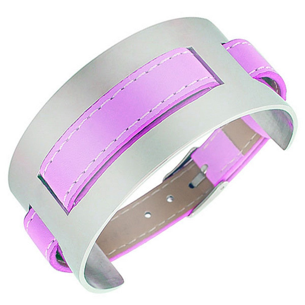 Violet Purple Faux Leather Stainless Steel Silver-Tone Wristband Womens Wrap Bracelet