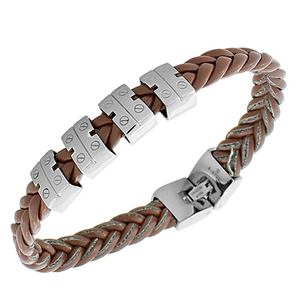 Stainless Steel Light Brown Faux PU Leather Braided Silver-Tone Men's Bracelet