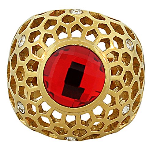 TECNO STEEL Stainless Steel Yellow Gold-Tone Red Ruby-Tone CZ Statement Ring