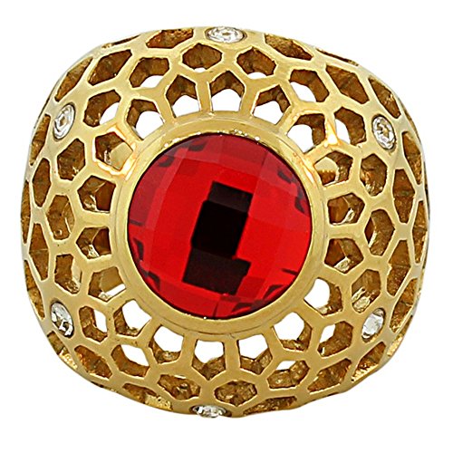 Stainless Steel Yellow Gold-Tone Red Ruby-Tone CZ Statement Ring