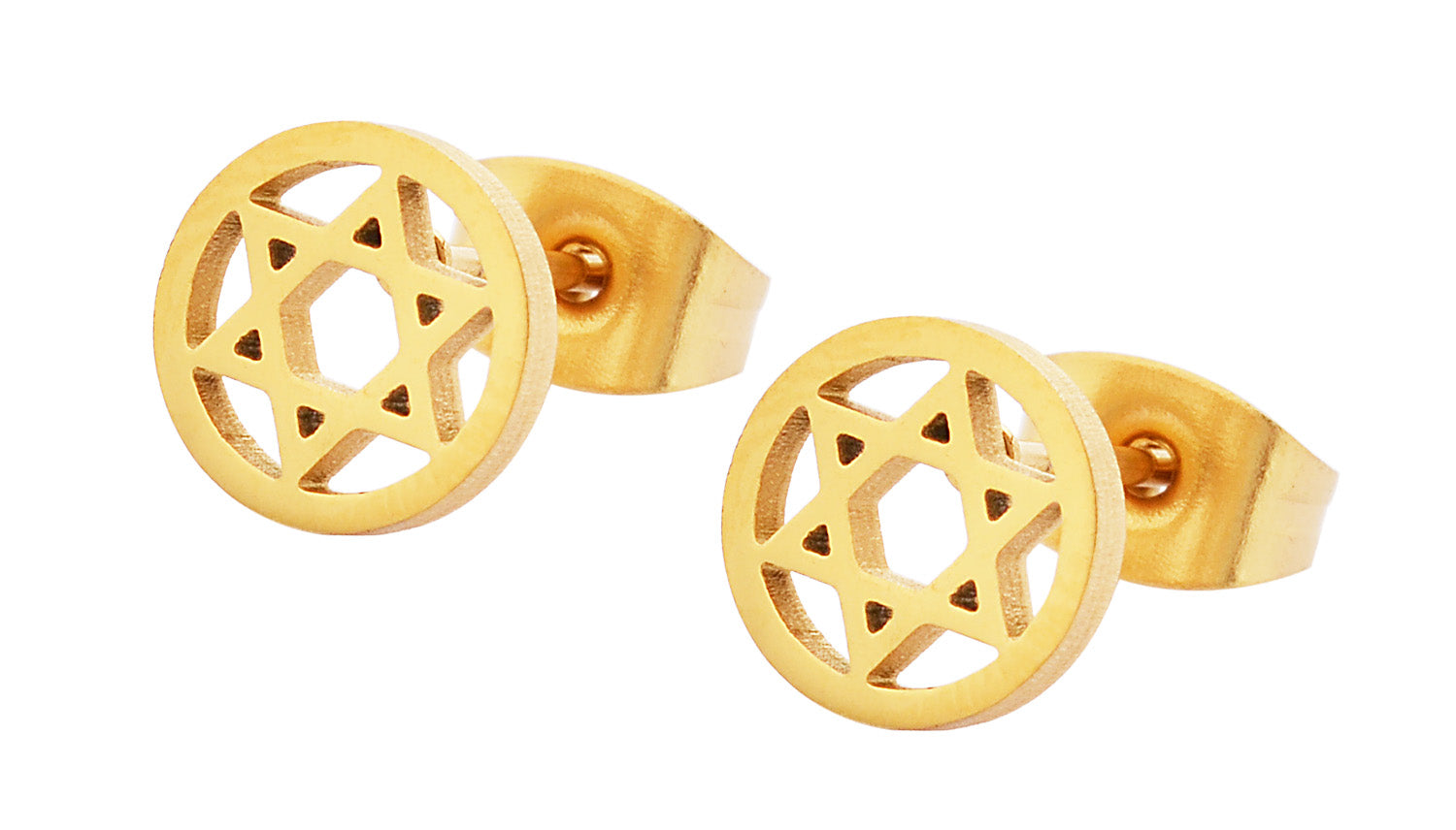 Womens Girls Yellow-Tone Stainless Steel Star of David Stud Earrings