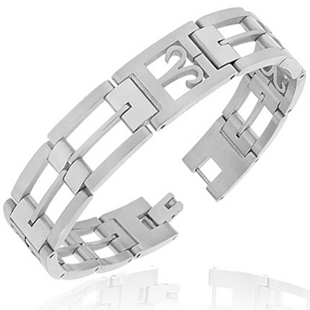 Stainless Steel Silver-Tone Link Chain Zodiac Sign Aries Mens Bracelet