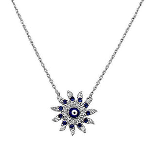 925 Sterling Silver Evil Eye Hamsa Flower Sun White Blue CZ Womens Pendant Necklace