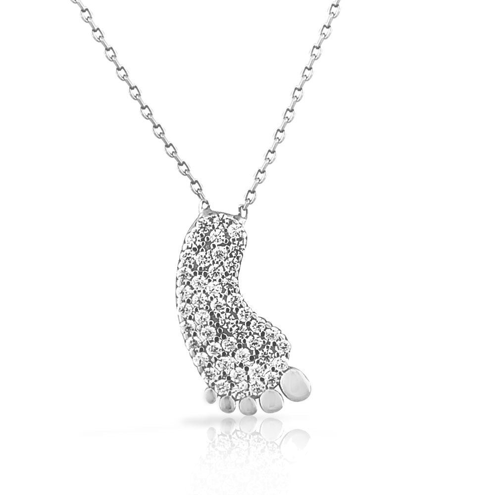 925 Sterling Silver White CZ Foot Print Pendant Necklace with Chain