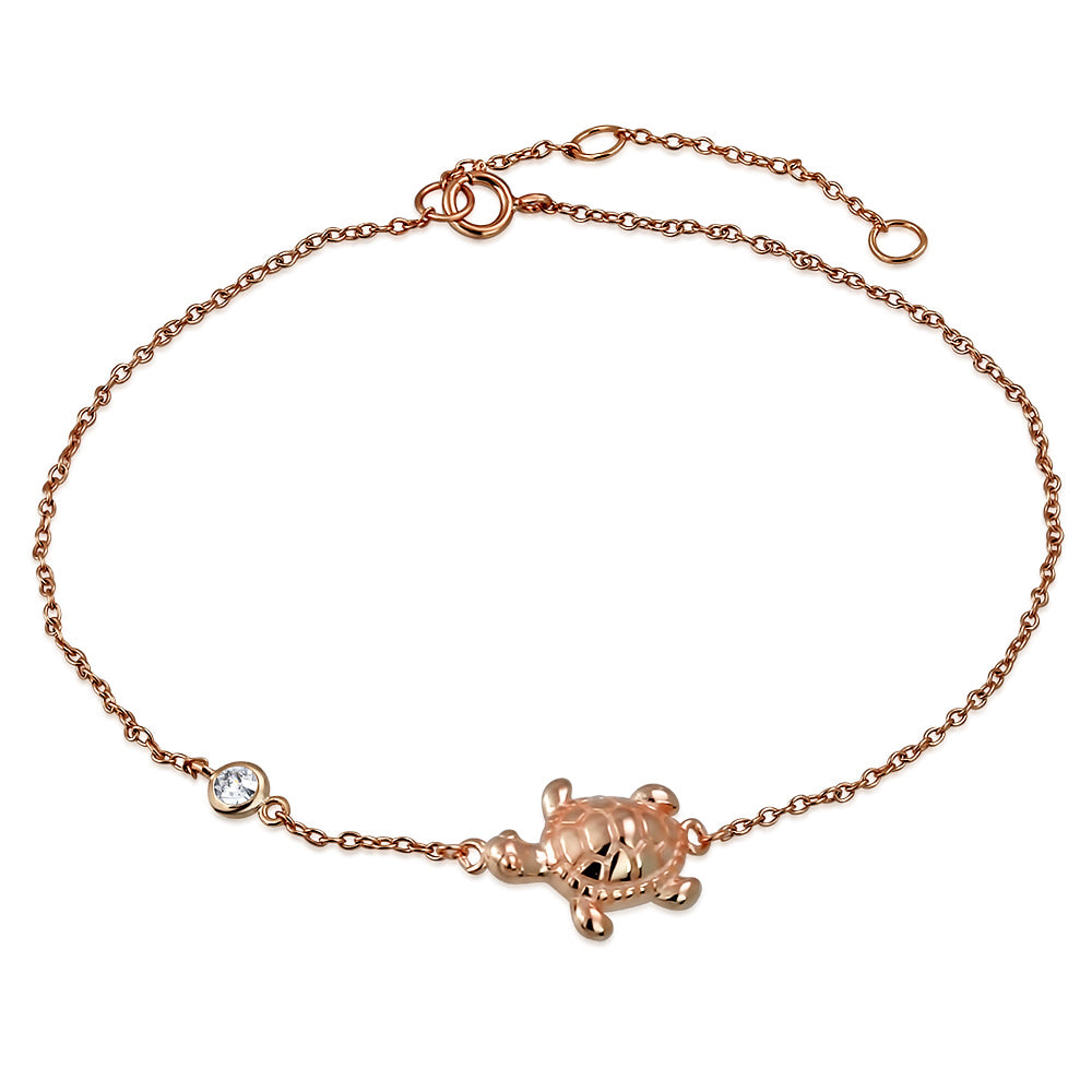 925 Sterling Silver Rose Bezel-Set CZ Turtle Womens Link Chain Anklet Bracelet